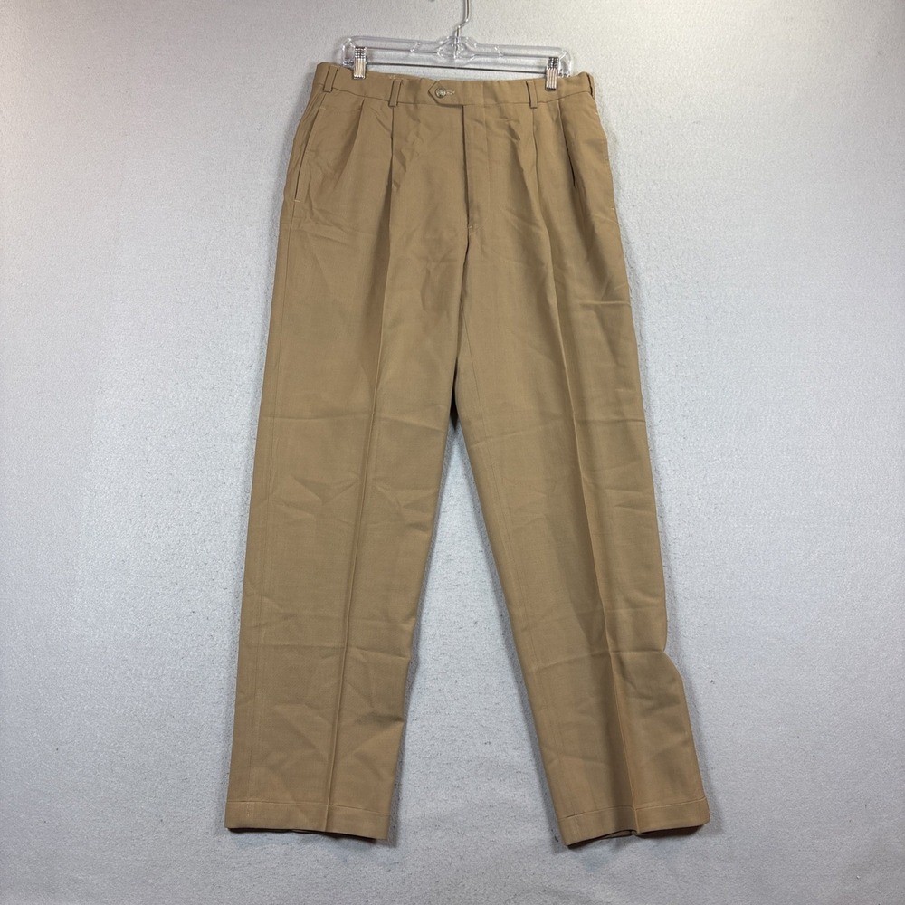 Austin Reed Dress Pants Men 34x33Trousers Brown Super 100s Wool Pleated Cuffed